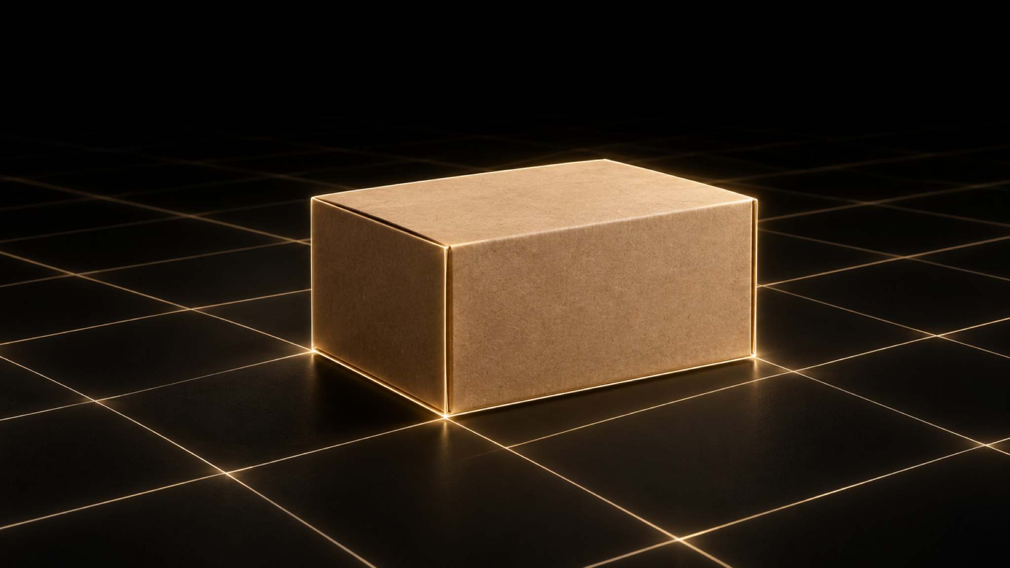Un paquete kraft solo sobre fondo negro, iluminado por una cuadrícula de luz.
